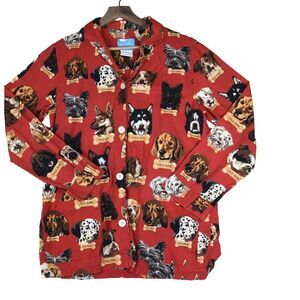 Nick & Nora Pajama Top Womens Small MILK-BONE Dog Print Red Flannel Button Up